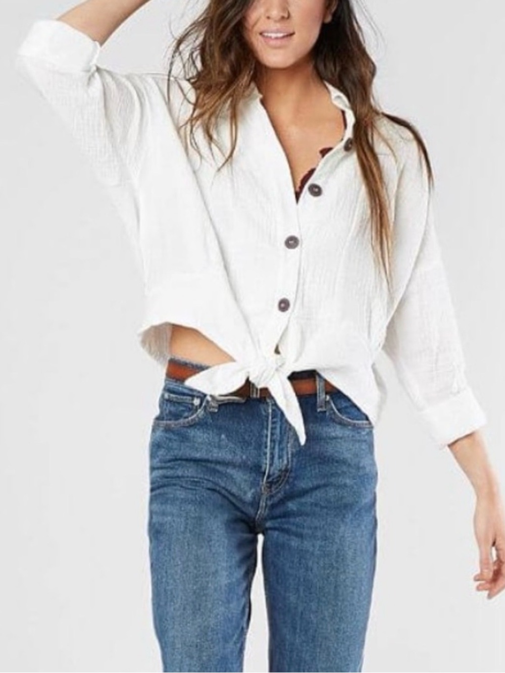Free People Sun Streaks White Gauzy Cotton Tie Front Button Up Tie Hem Top L
